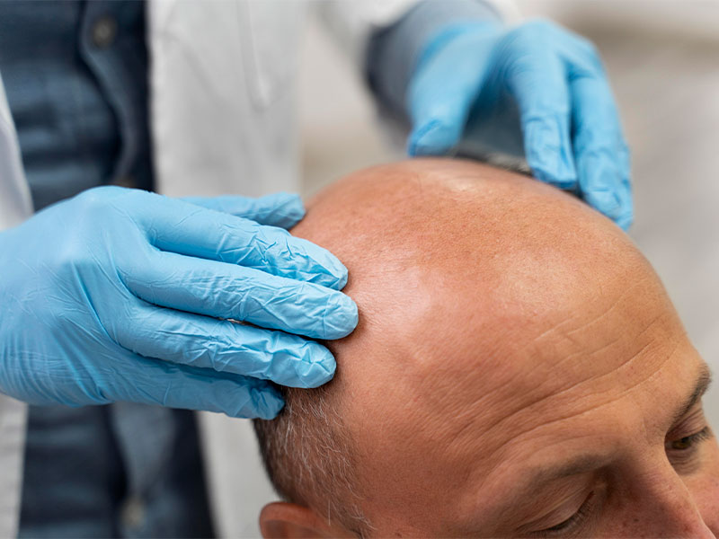 Um homem calvo sendo examinado por um médico com luvas cirúrgicas azuis, um jaleco branco e uma camisa xadrez. O homem possui alguns fios de cabelo nas laterais, porém o topo de sua cabeça não possui cabelos. Sua testa está franzida.